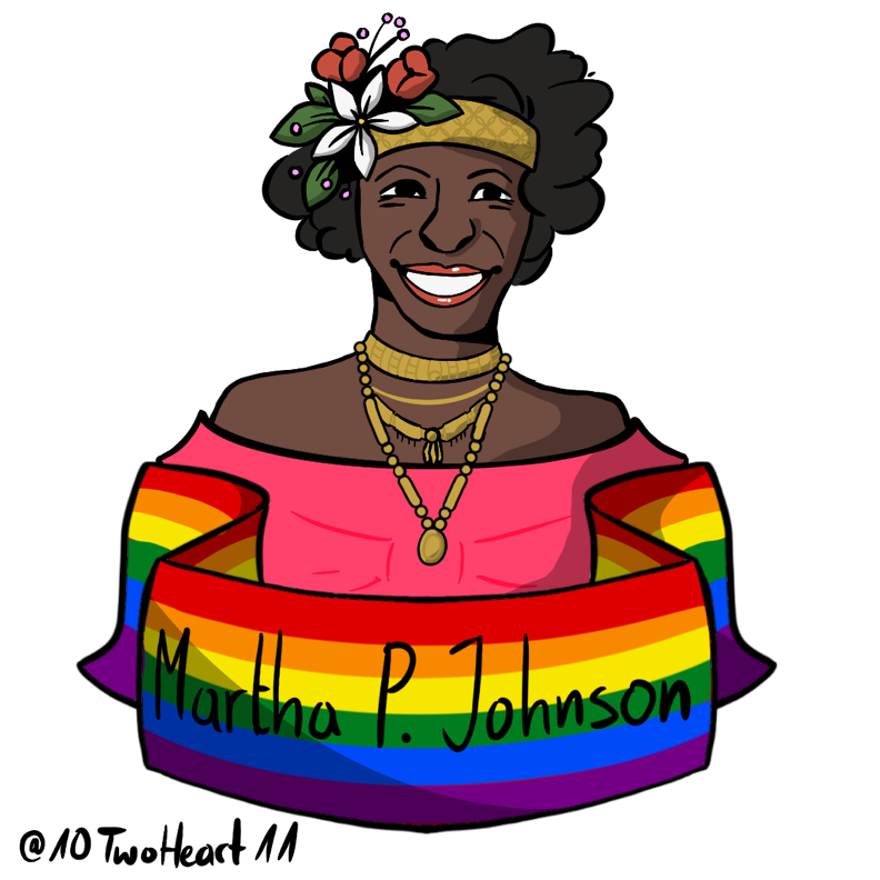 Illustrated portrait of Martha P. Johnson. License CC BY-NC-SA 4.0 TwoHeart, https://www.instagram.com/10twoheart11/